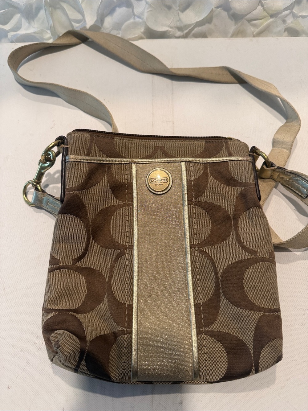 Coach Brown Signature Crossbody with Metallic Stripe